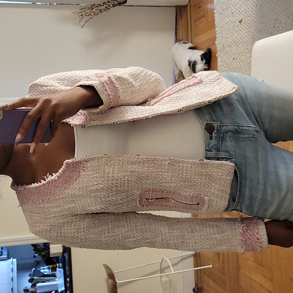 Ellen Tracy Pink Tweed Frayed Trim Blazer